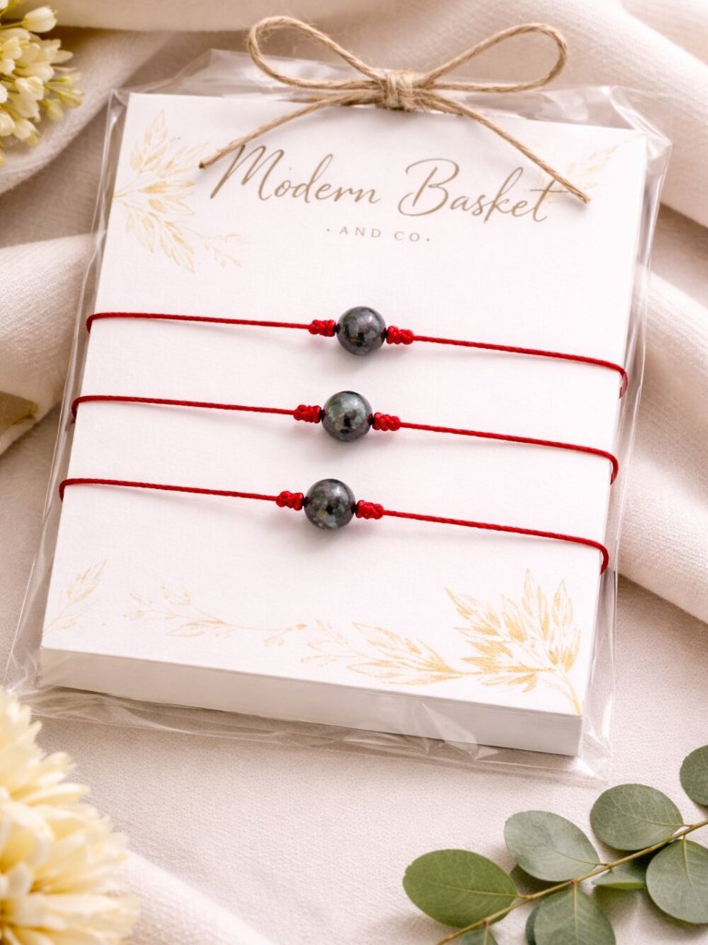 3 Snowflake Obsidian Protection Bracelet • Red String Adjustable Bracelet Set